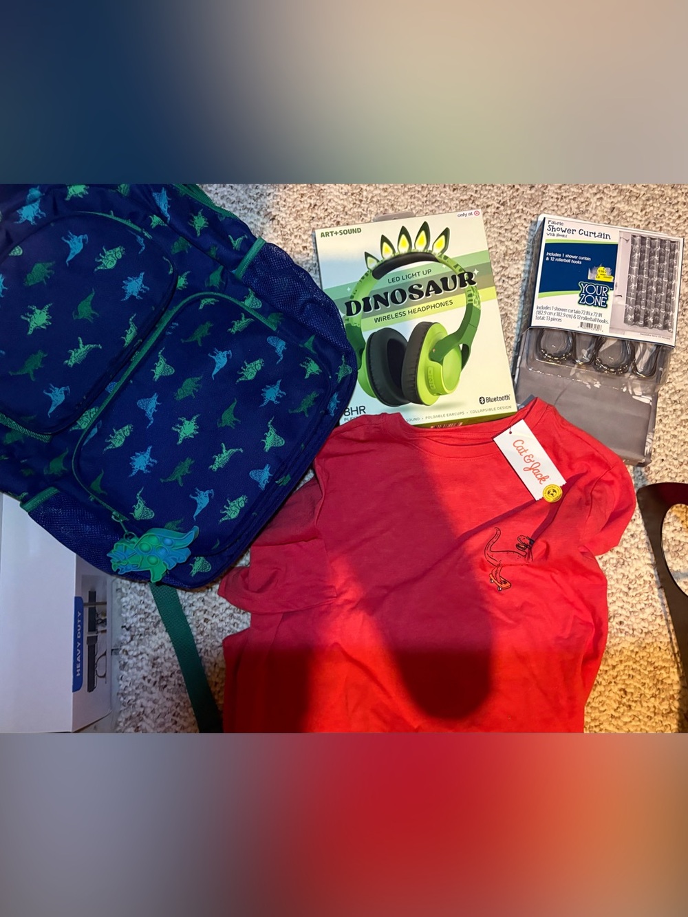 4 piece Dinosaur bundle-Red Dino T-Shirt LED Headphones-shower curtain-book bag